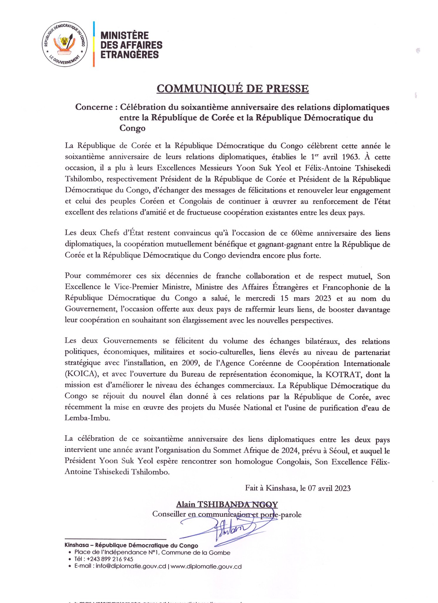 République de Corée-RDC : Les deux pays célèbrent le 60e anniversaire de leurs relations diplomatiques